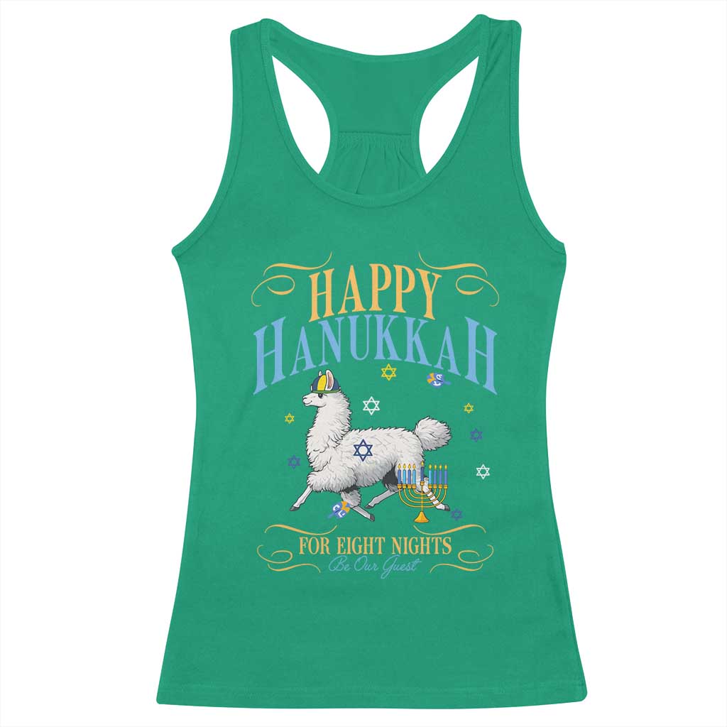 Funny Happy Hanukkah Llama Be Our Guest For Eight Nights Gift Racerback Tank Top Funny Hanukkah Gift - Wonder Print Shop