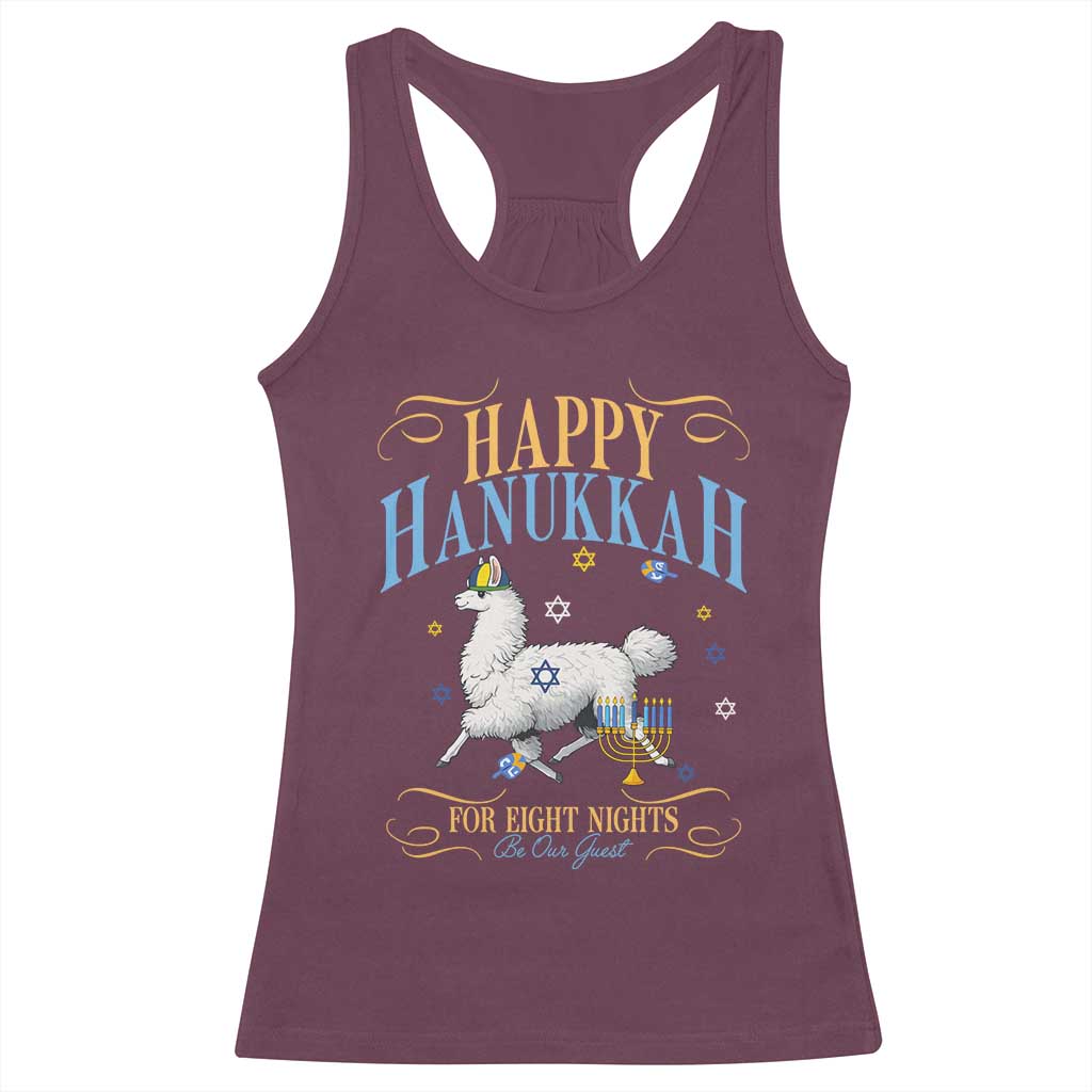 Funny Happy Hanukkah Llama Be Our Guest For Eight Nights Gift Racerback Tank Top Funny Hanukkah Gift - Wonder Print Shop