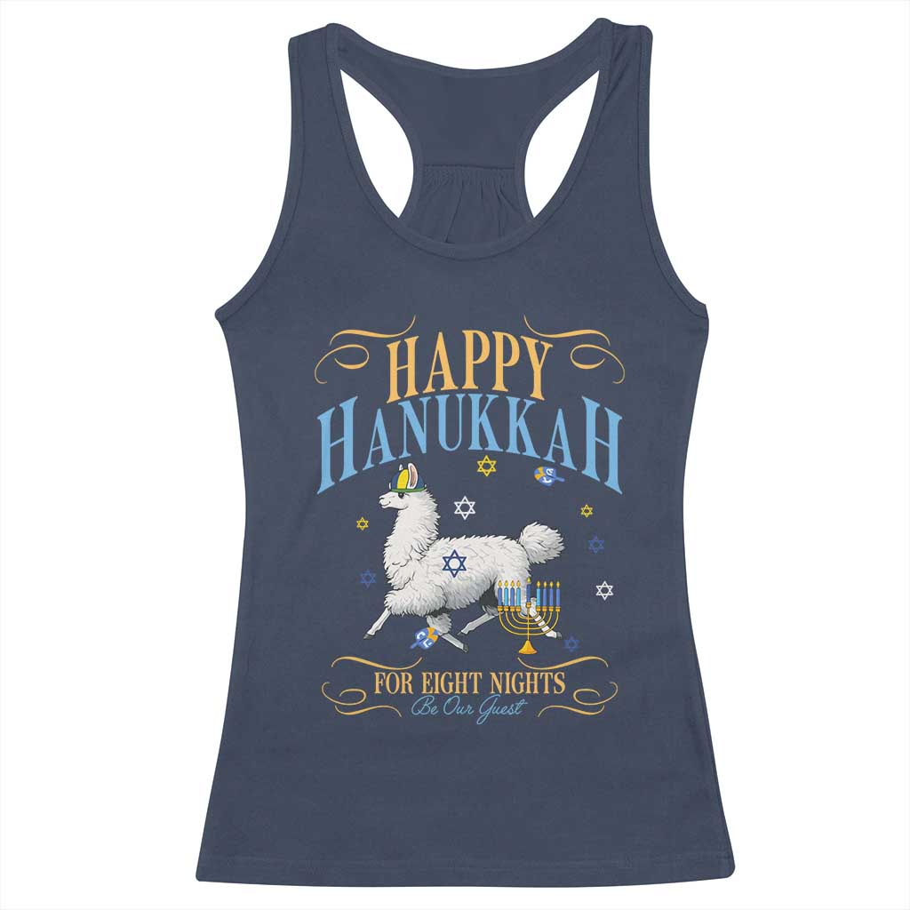 Funny Happy Hanukkah Llama Be Our Guest For Eight Nights Gift Racerback Tank Top Funny Hanukkah Gift - Wonder Print Shop