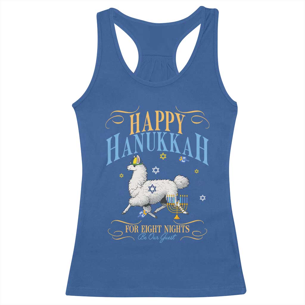 Funny Happy Hanukkah Llama Be Our Guest For Eight Nights Gift Racerback Tank Top Funny Hanukkah Gift - Wonder Print Shop