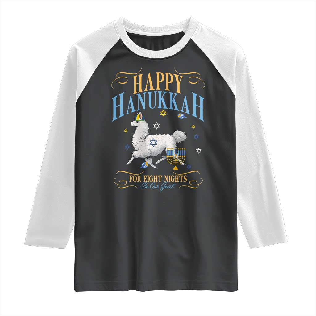 Funny Happy Hanukkah Llama Be Our Guest For Eight Nights Gift Raglan Shirt Funny Hanukkah Gift - Wonder Print Shop
