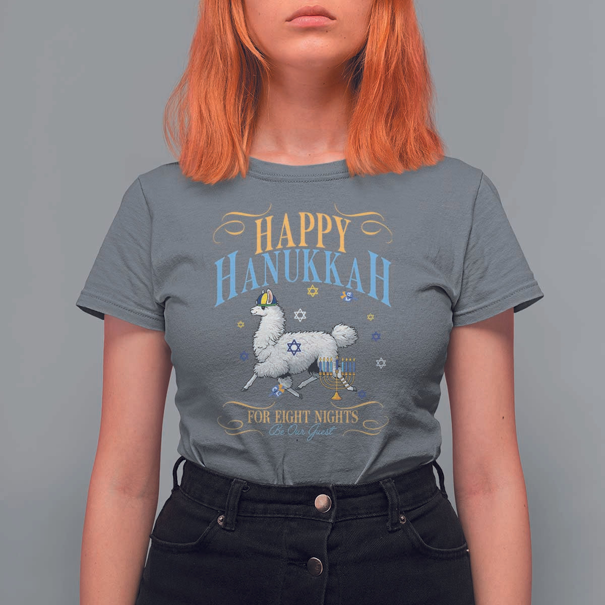 Funny Happy Hanukkah Llama Be Our Guest For Eight Nights Gift T Shirt For Women Funny Hanukkah Gift - Wonder Print Shop
