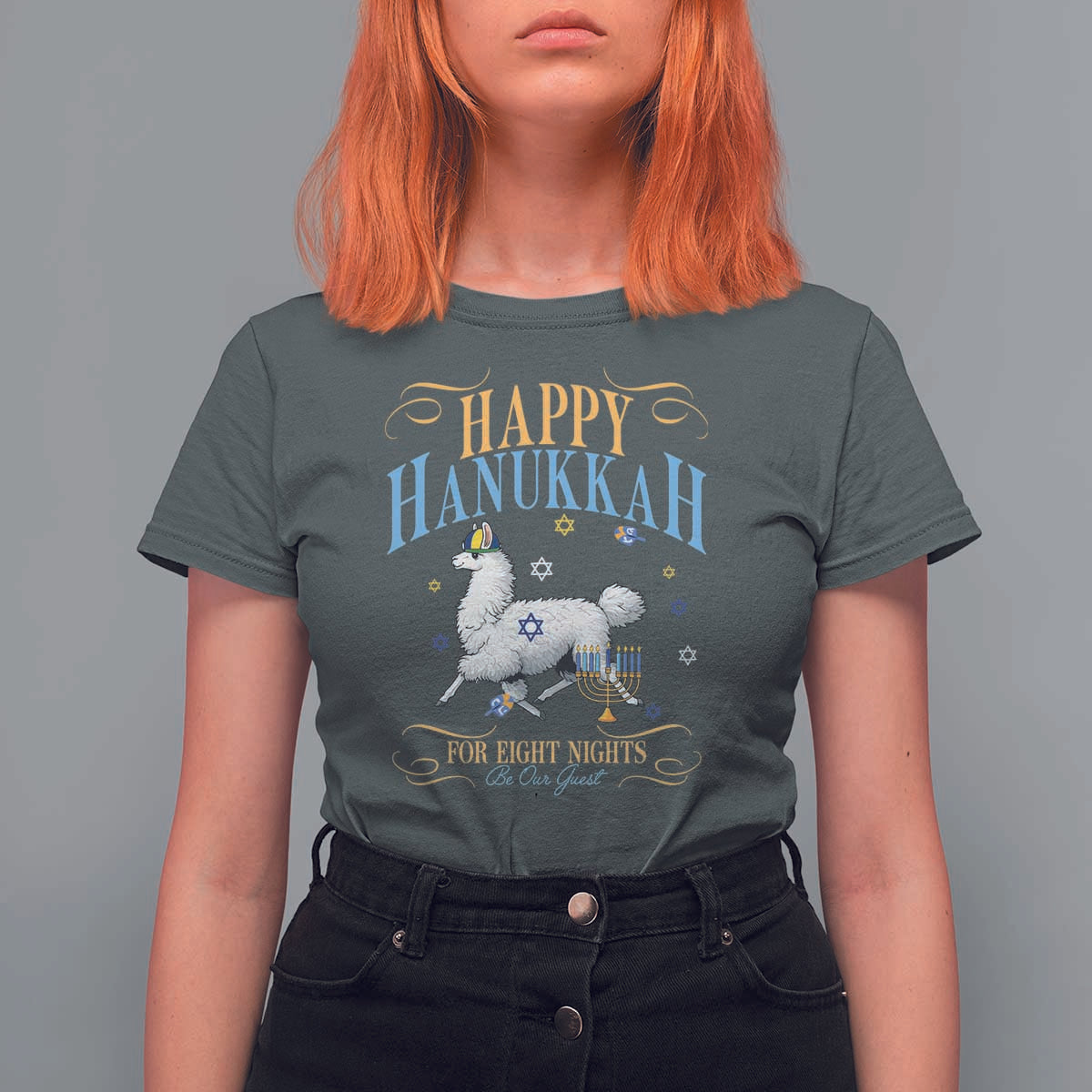 Funny Happy Hanukkah Llama Be Our Guest For Eight Nights Gift T Shirt For Women Funny Hanukkah Gift - Wonder Print Shop