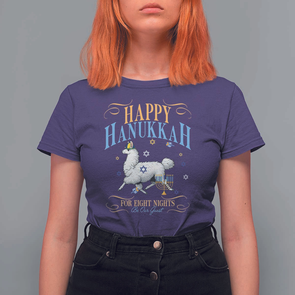 Funny Happy Hanukkah Llama Be Our Guest For Eight Nights Gift T Shirt For Women Funny Hanukkah Gift - Wonder Print Shop