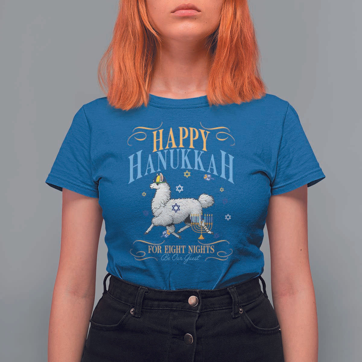 Funny Happy Hanukkah Llama Be Our Guest For Eight Nights Gift T Shirt For Women Funny Hanukkah Gift - Wonder Print Shop