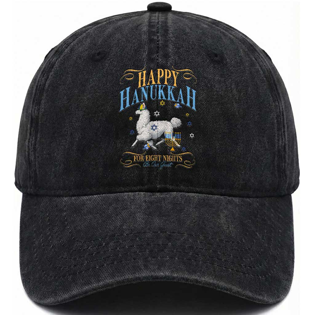 Funny Happy Hanukkah Llama Be Our Guest For Eight Nights Gift Washed Cotton Baseball Cap Funny Hanukkah Gift