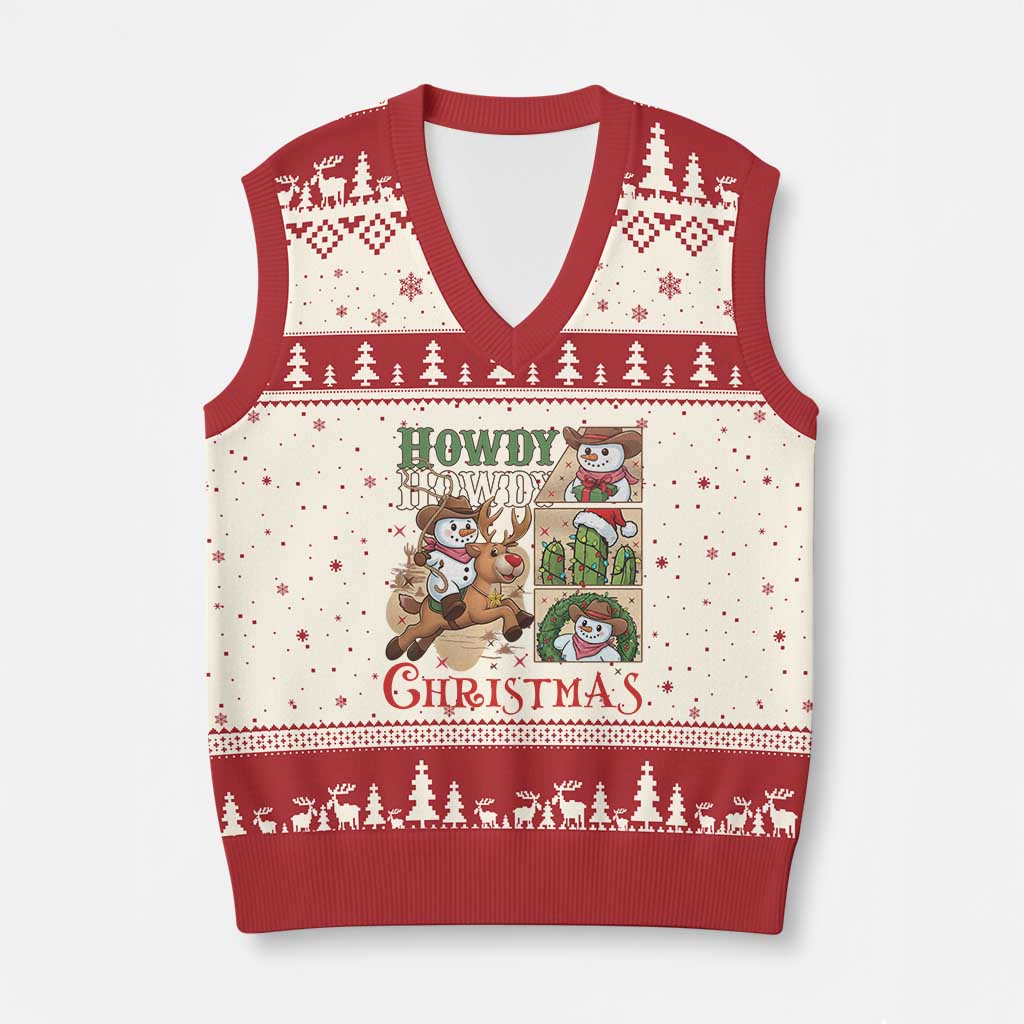 Funny Snowman Cowboy Howdy Xmas V-Neck Knit Sweater Vest Western Holiday Gift - Wonder Print Shop