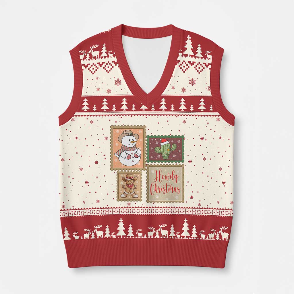 Howdy Xmas Postage Stamp V-Neck Knit Sweater Vest Western Life Holiday Gift - Wonder Print Shop