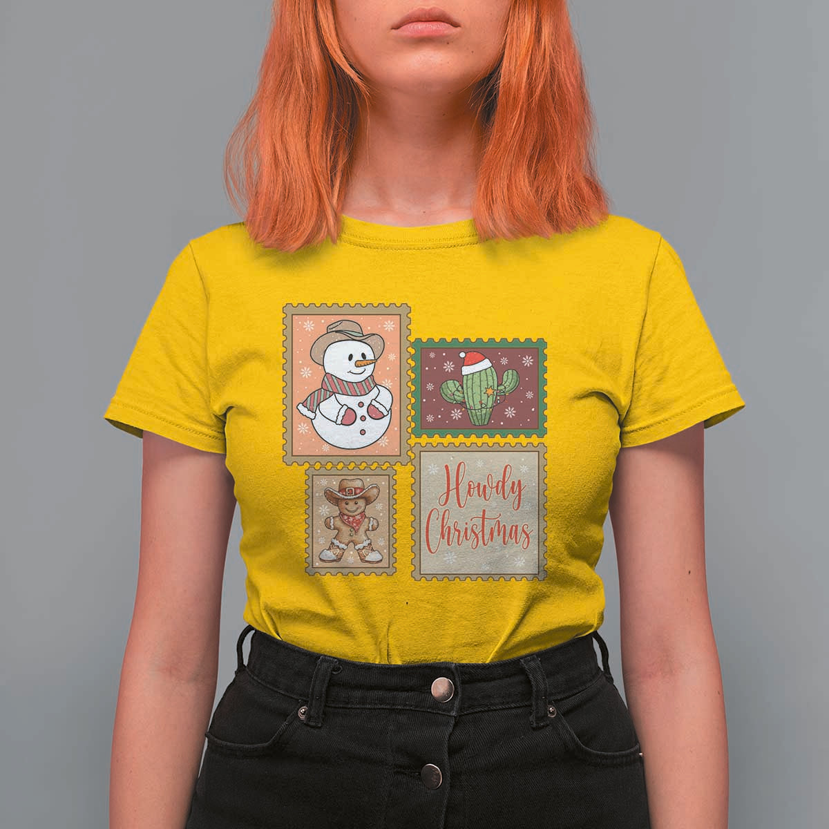 Howdy Christmas Postage Stamp T Shirt For Women Western Life Holiday Gift - Wonder Print Shop