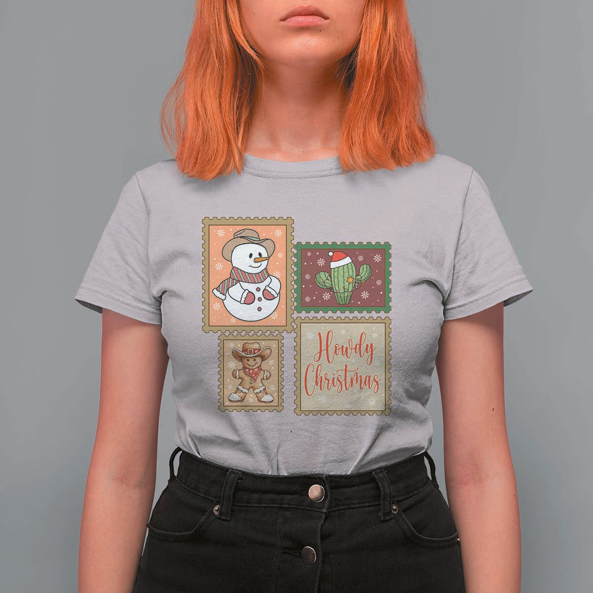 Howdy Christmas Postage Stamp T Shirt For Women Western Life Holiday Gift - Wonder Print Shop