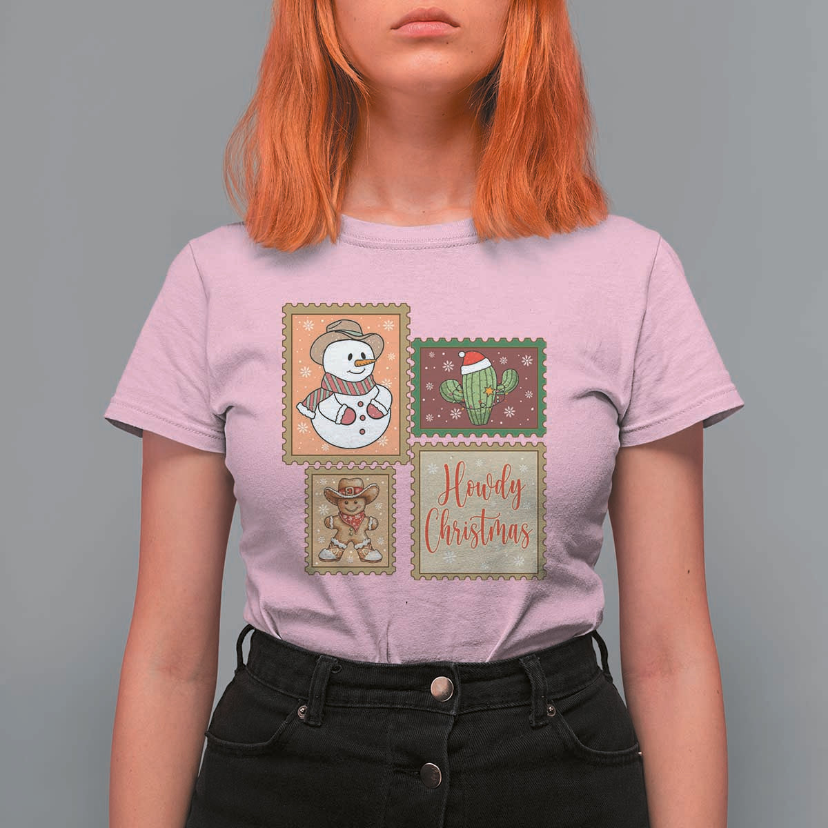 Howdy Christmas Postage Stamp T Shirt For Women Western Life Holiday Gift - Wonder Print Shop