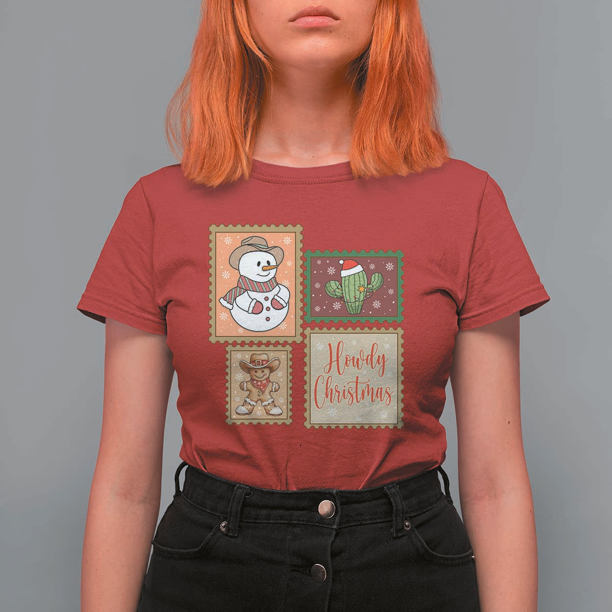 Howdy Christmas Postage Stamp T Shirt For Women Western Life Holiday Gift - Wonder Print Shop