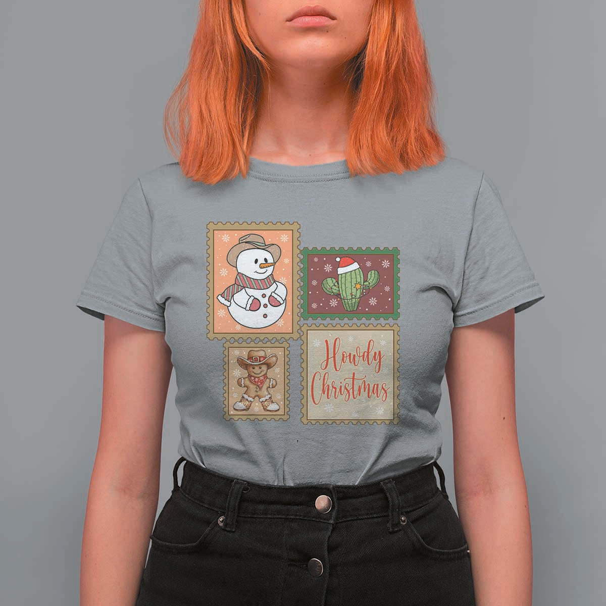 Howdy Christmas Postage Stamp T Shirt For Women Western Life Holiday Gift - Wonder Print Shop