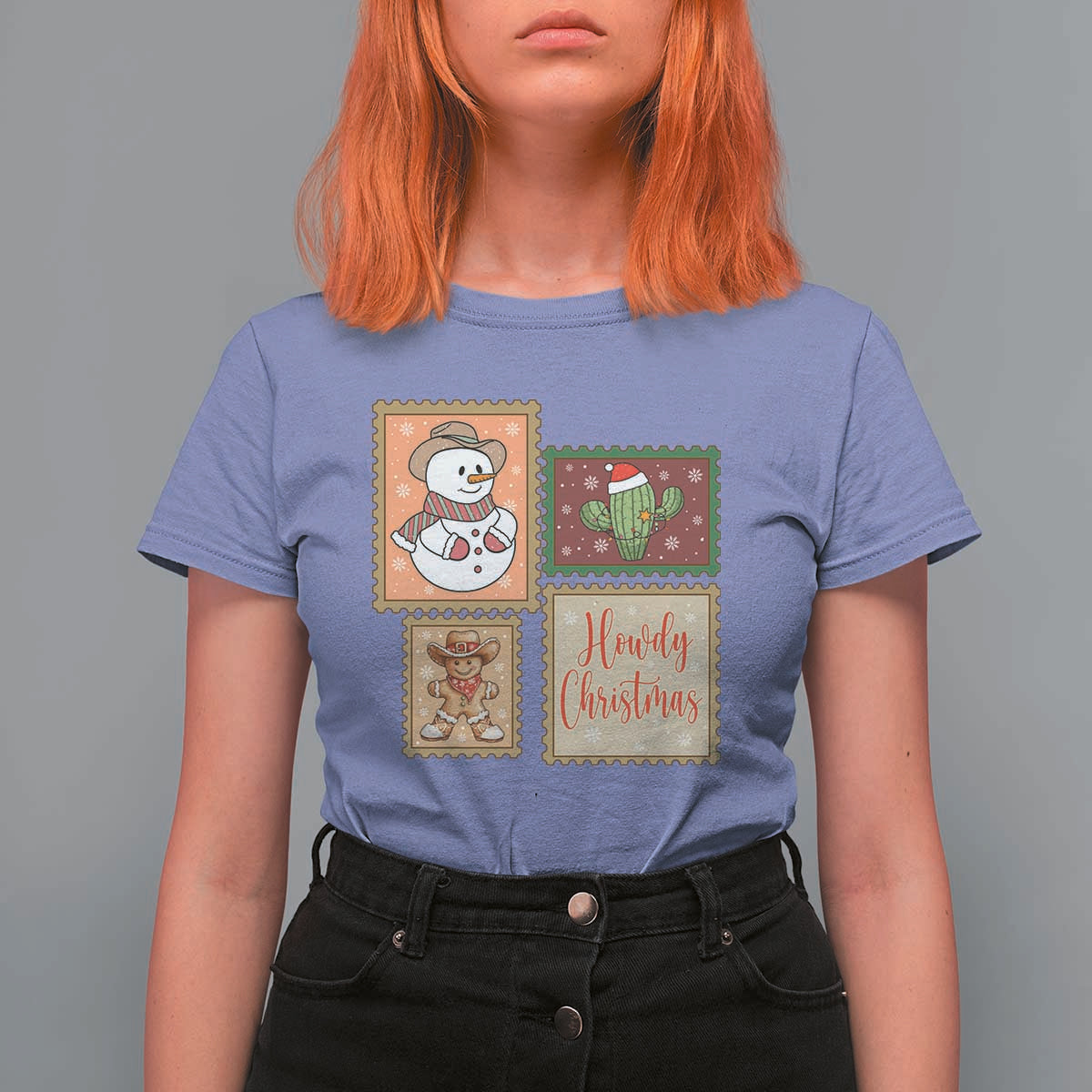 Howdy Christmas Postage Stamp T Shirt For Women Western Life Holiday Gift - Wonder Print Shop