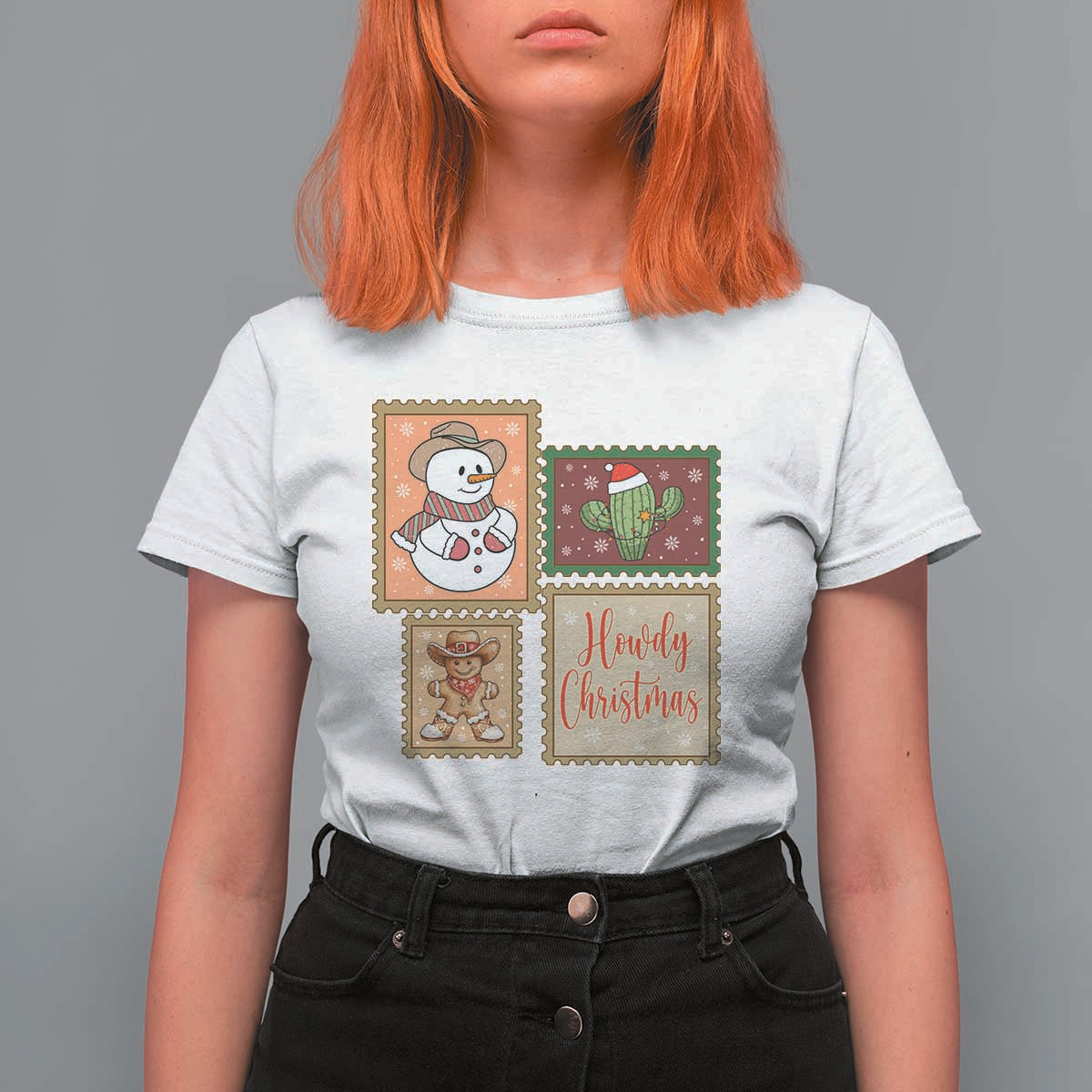 Howdy Christmas Postage Stamp T Shirt For Women Western Life Holiday Gift - Wonder Print Shop