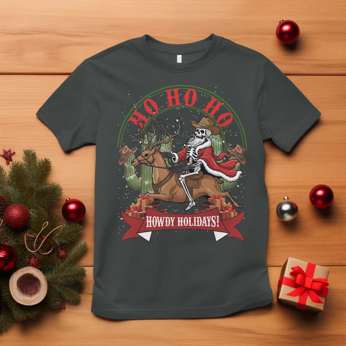 Funny Western Skeleton Cowboy Christmas T Shirt Howdy Holidays - Wonder Print Shop