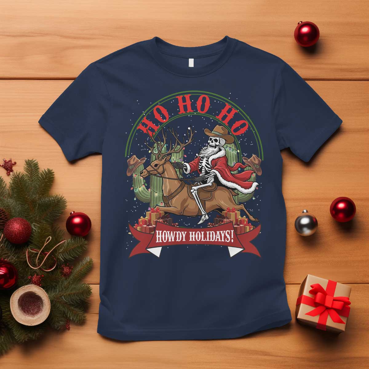 Funny Western Skeleton Cowboy Christmas T Shirt Howdy Holidays - Wonder Print Shop
