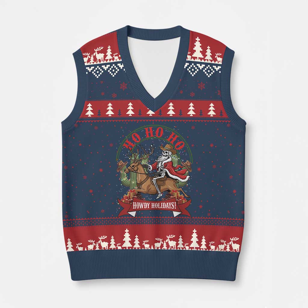 Funny Western Skeleton Cowboy Xmas V-Neck Knit Sweater Vest Howdy Holidays - Wonder Print Shop