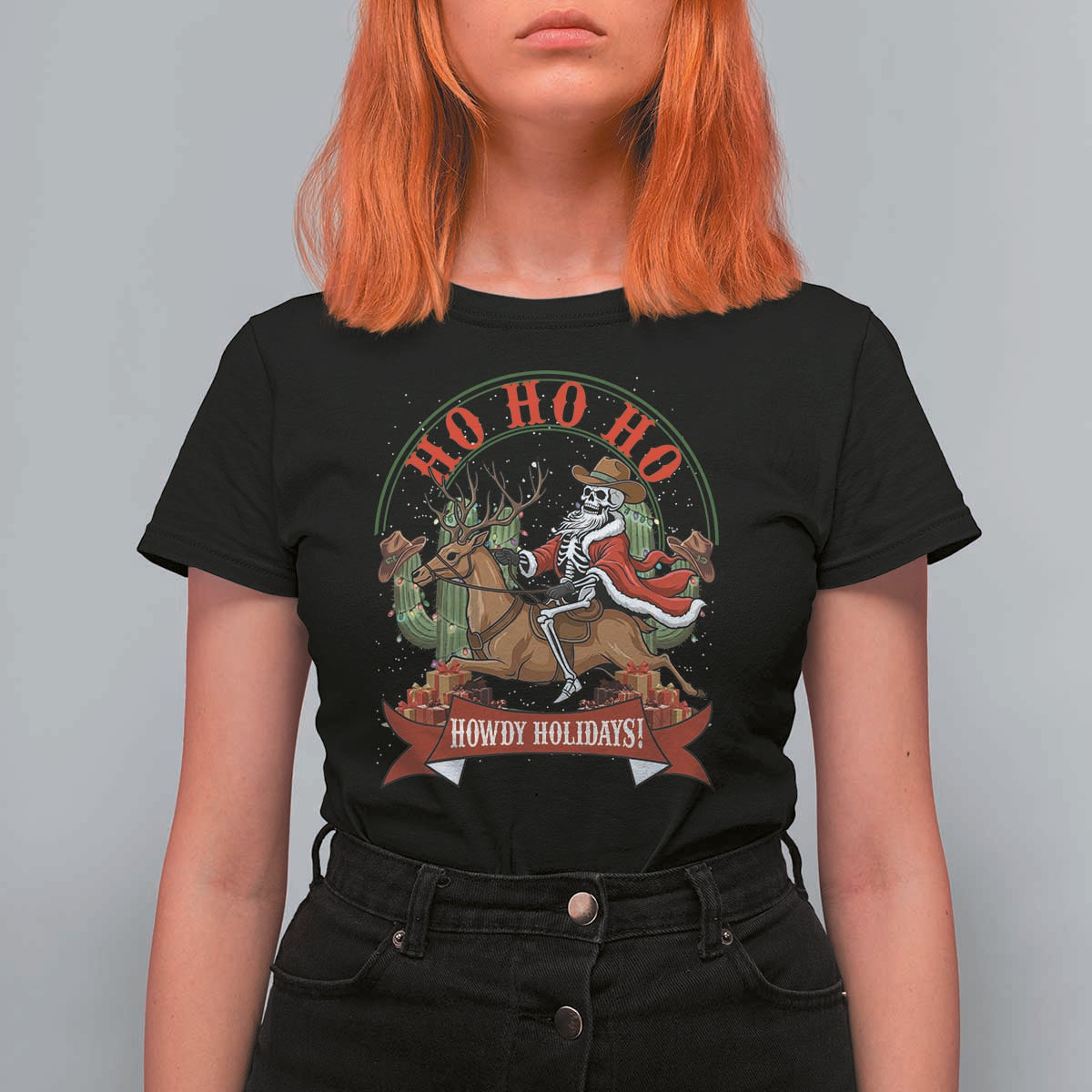 Funny Western Skeleton Cowboy Christmas T Shirt For Women Howdy Holidays - Wonder Print Shop