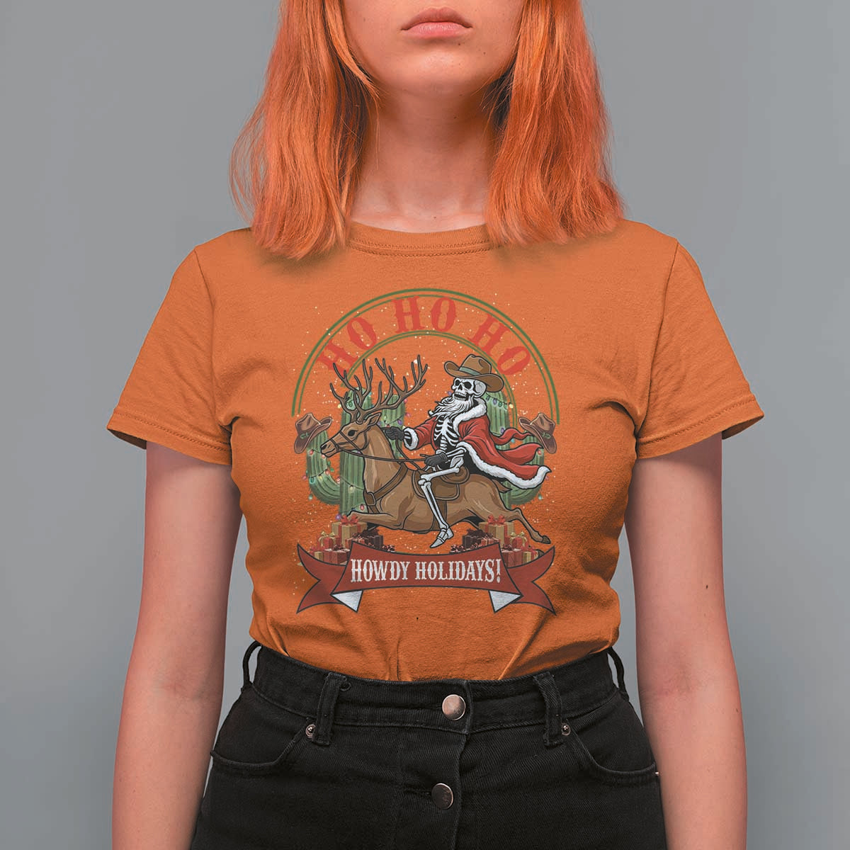 Funny Western Skeleton Cowboy Christmas T Shirt For Women Howdy Holidays - Wonder Print Shop