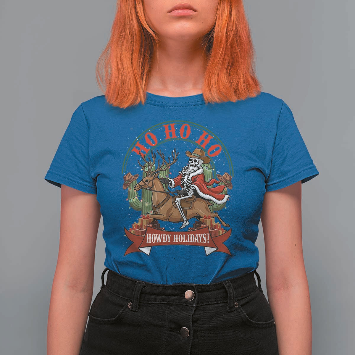 Funny Western Skeleton Cowboy Christmas T Shirt For Women Howdy Holidays - Wonder Print Shop