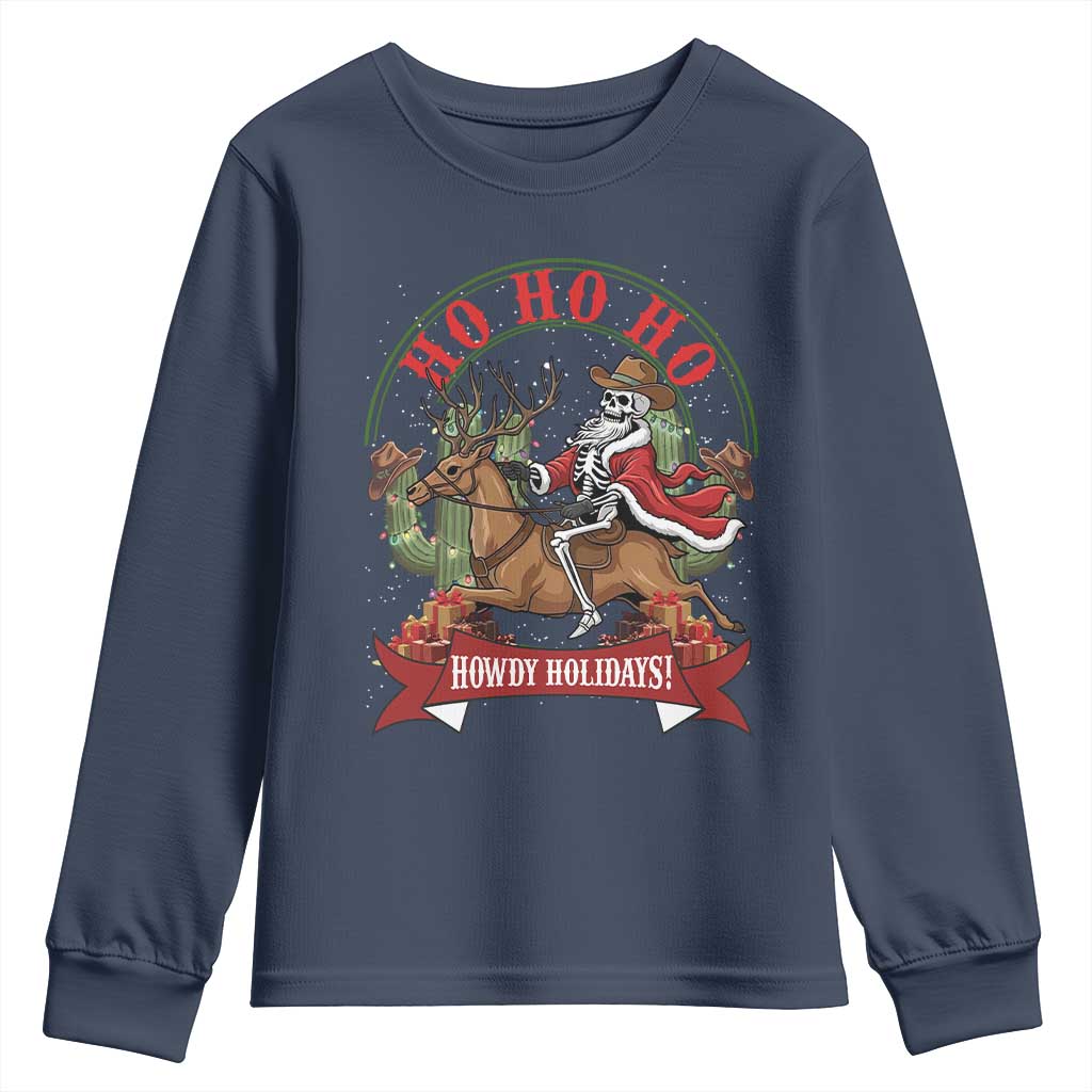 Funny Western Skeleton Cowboy Christmas Youth Sweatshirt Howdy Holidays - Wonder Print Shop