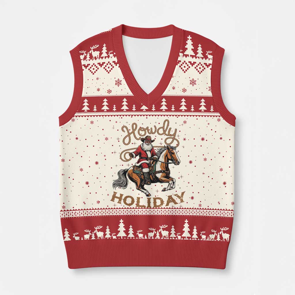 Black Santa Howdy Western Cowboy V-Neck Knit Sweater Vest Xmas Gift - Wonder Print Shop