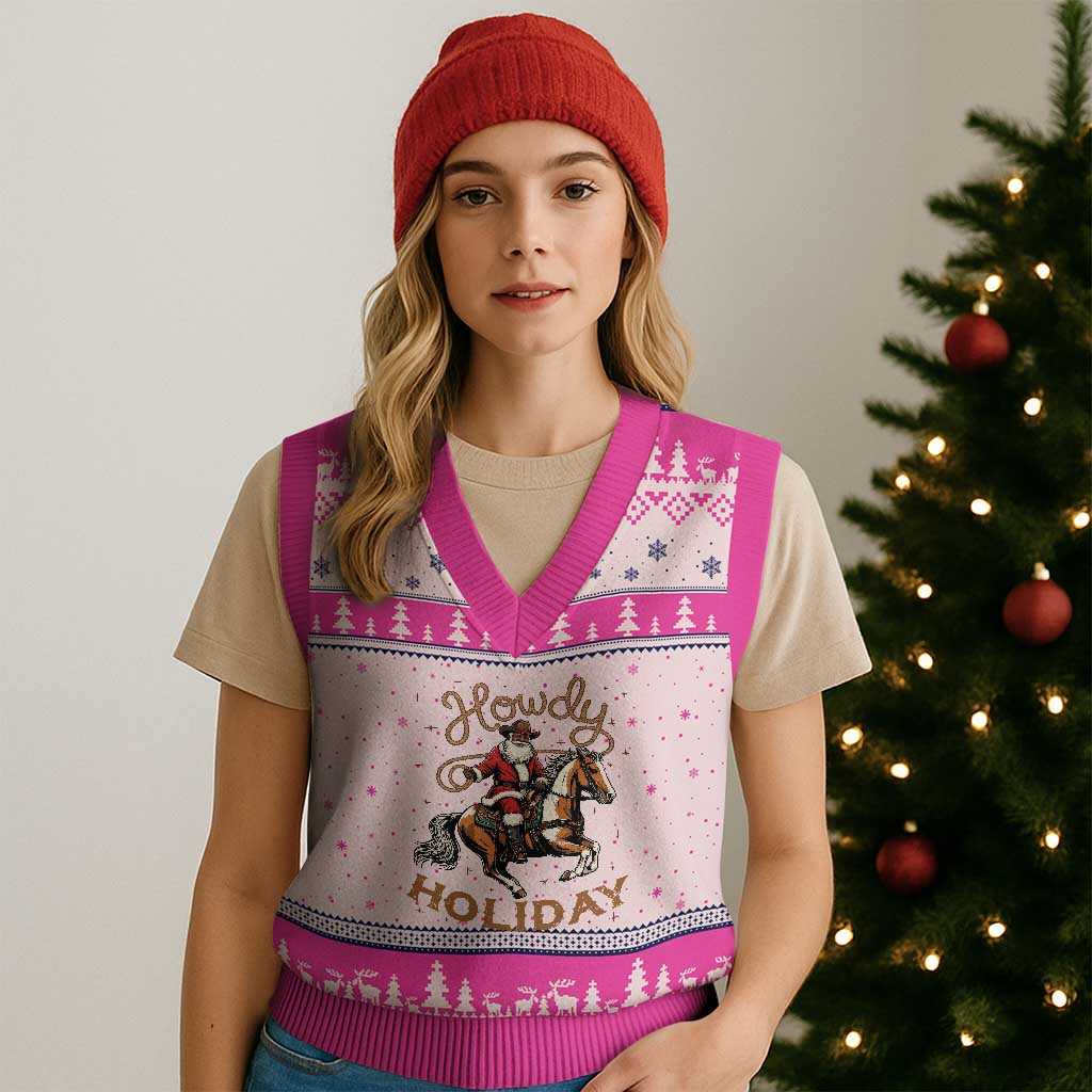 Black Santa Howdy Western Cowboy V-Neck Knit Sweater Vest Xmas Gift - Wonder Print Shop
