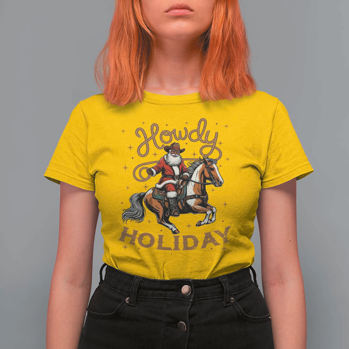 Black Santa Howdy Western Cowboy T Shirt For Women Christmas Gift - Wonder Print Shop