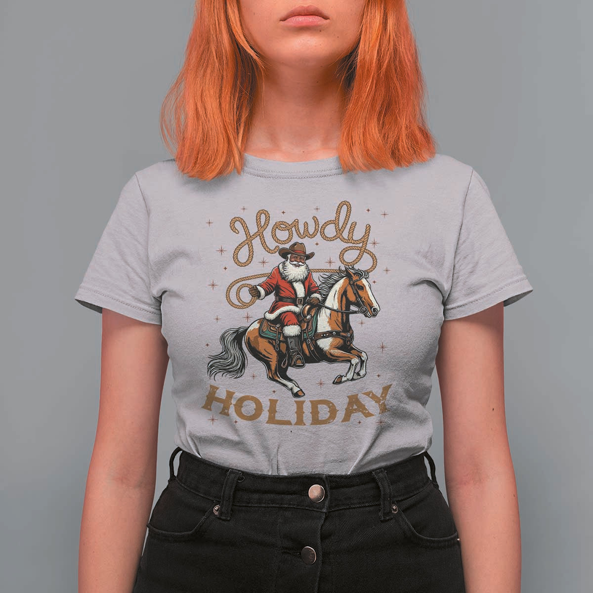 Black Santa Howdy Western Cowboy T Shirt For Women Christmas Gift - Wonder Print Shop
