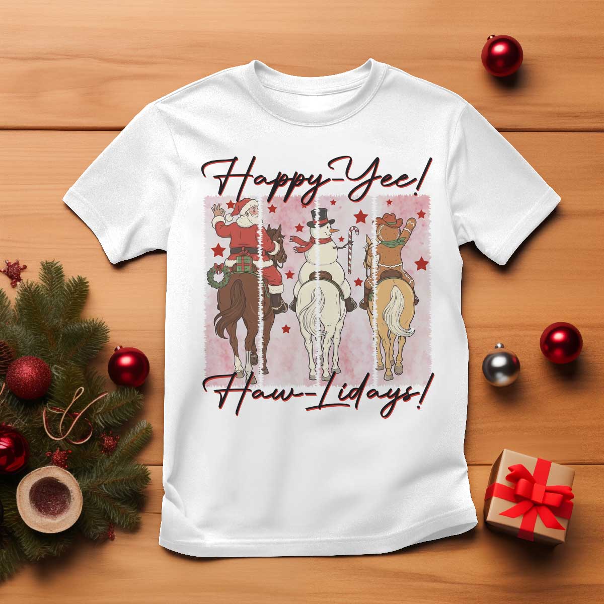 Western Christmas Horse Rider T Shirt Happy Yee Haw Lidays - Wonder Print Shop