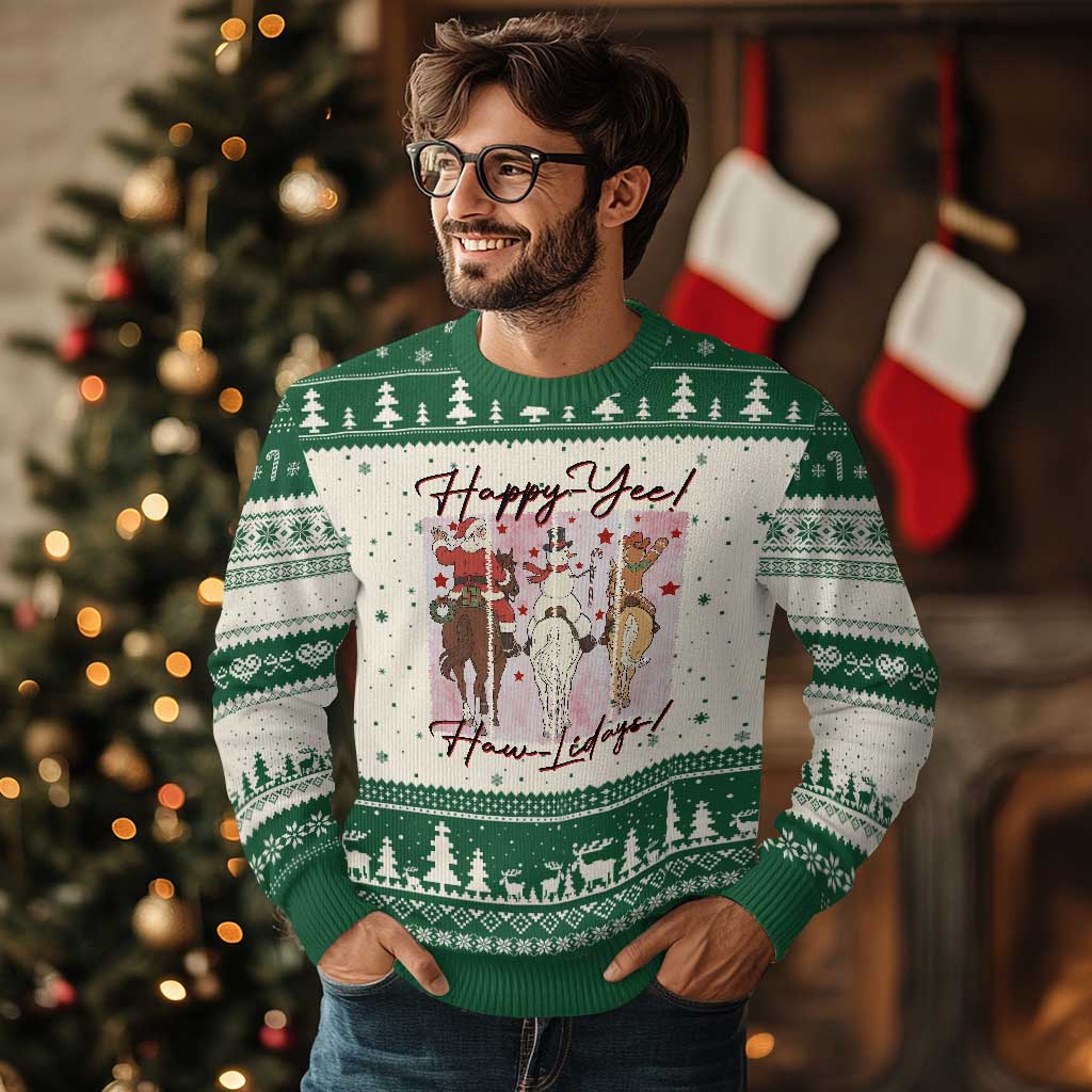 Western Xmas Horse Rider Ugly Christmas Sweater Happy Yee Haw Lidays - Wonder Print Shop