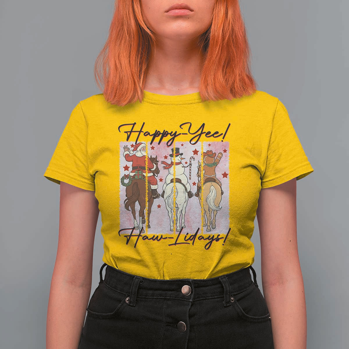 Western Christmas Horse Rider T Shirt For Women Happy Yee Haw Lidays - Wonder Print Shop