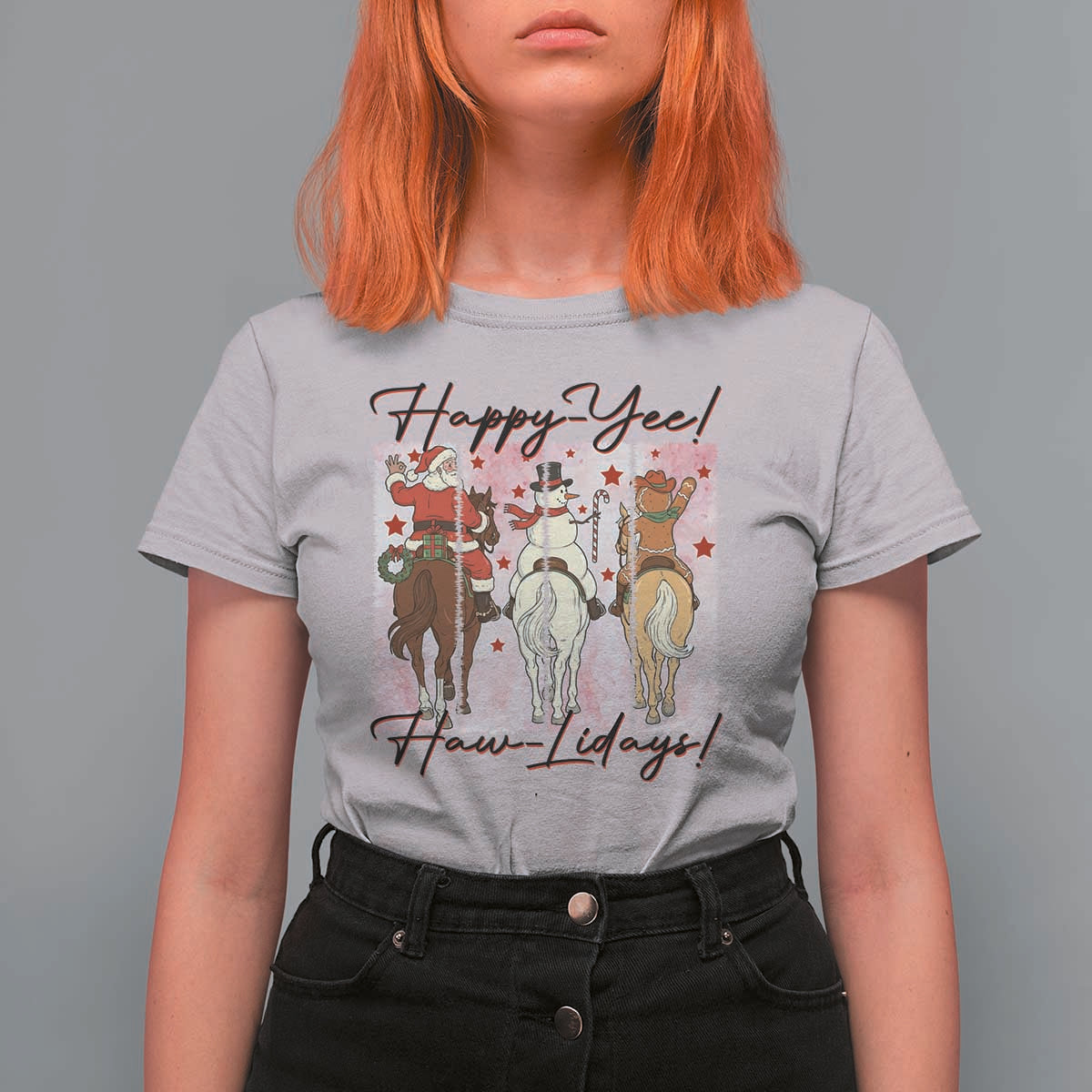 Western Christmas Horse Rider T Shirt For Women Happy Yee Haw Lidays - Wonder Print Shop