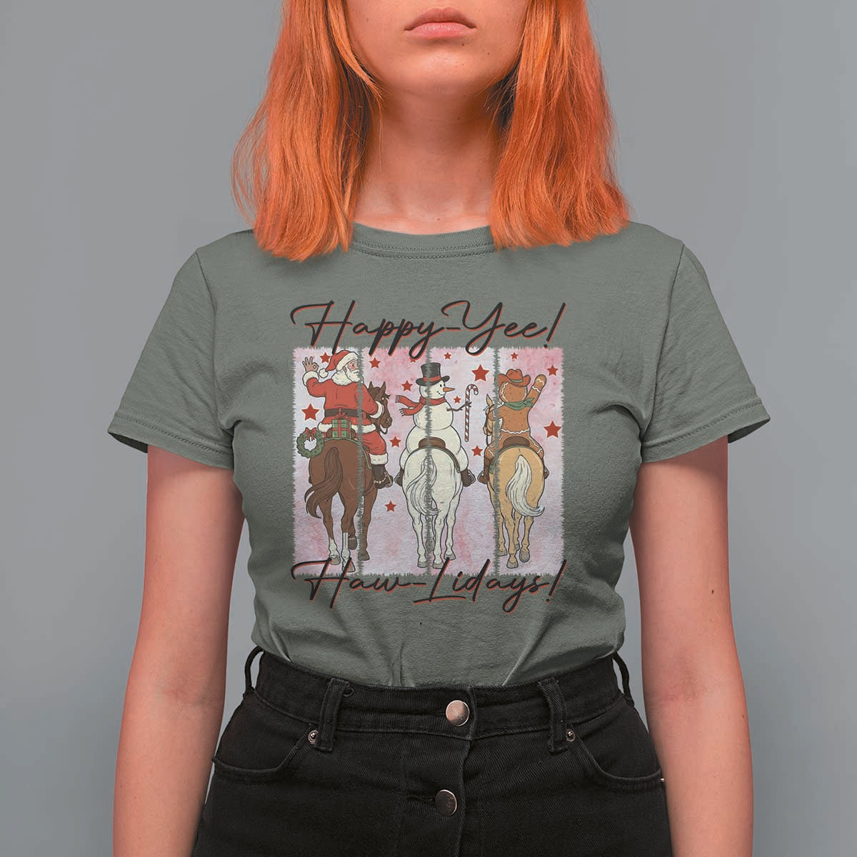 Western Christmas Horse Rider T Shirt For Women Happy Yee Haw Lidays - Wonder Print Shop