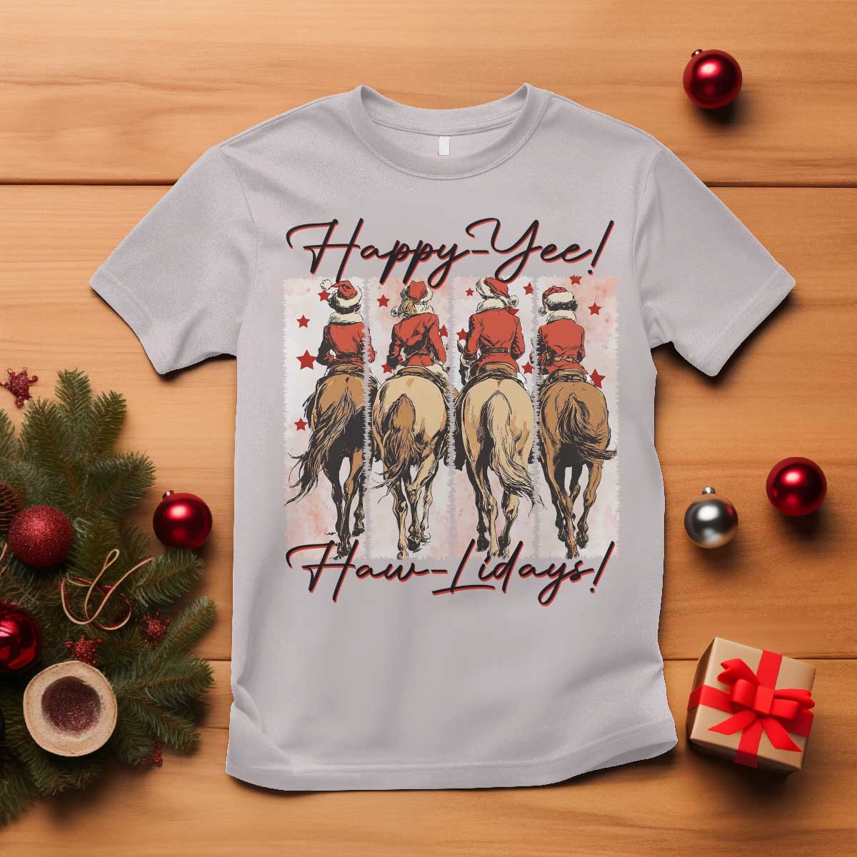 Happy Yee Haw Lidays T Shirt Western Christmas Horse Rider Cowgirl Gift - Wonder Print Shop