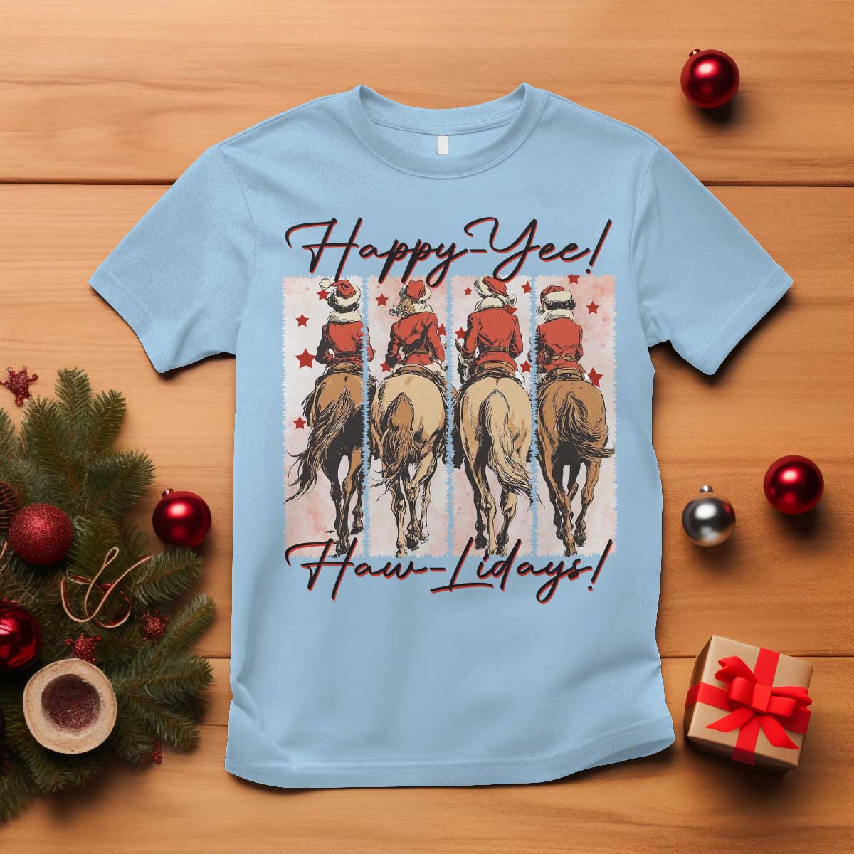 Happy Yee Haw Lidays T Shirt Western Christmas Horse Rider Cowgirl Gift - Wonder Print Shop