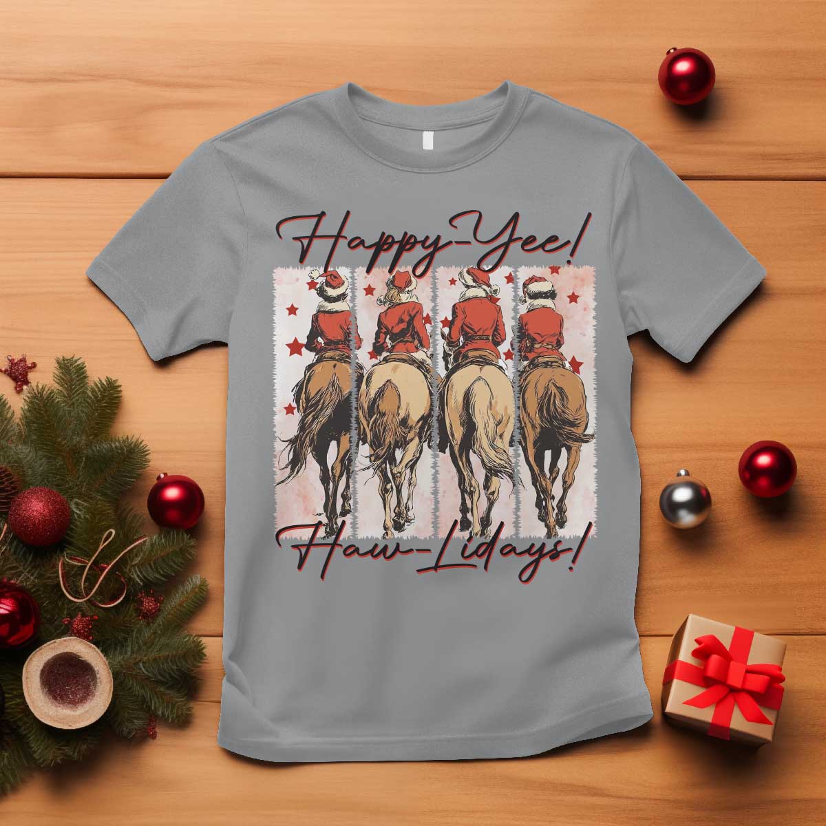 Happy Yee Haw Lidays T Shirt Western Christmas Horse Rider Cowgirl Gift - Wonder Print Shop