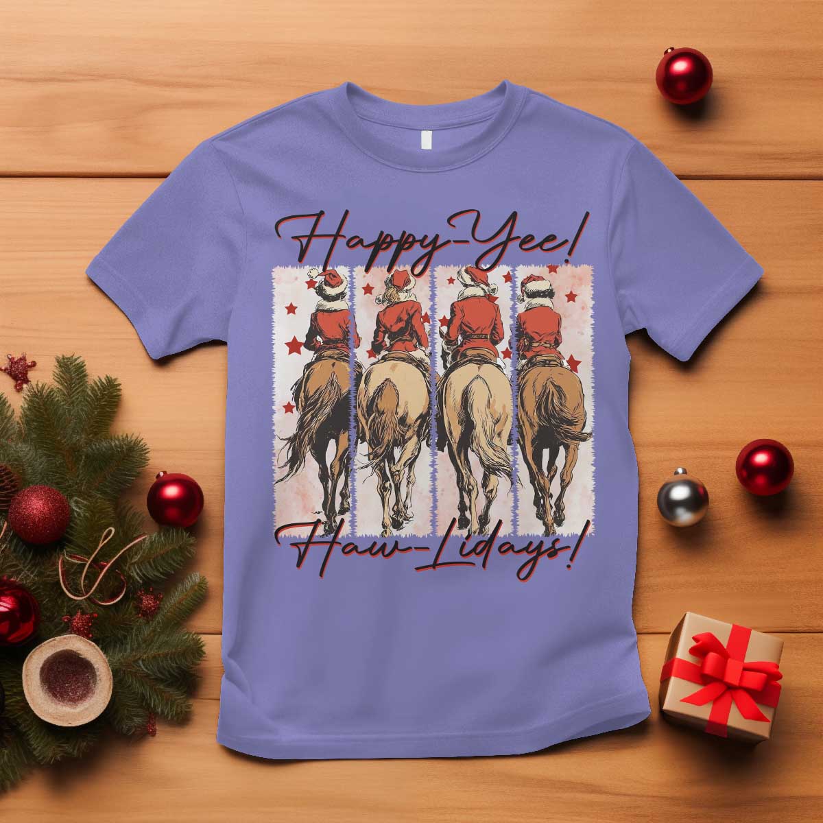 Happy Yee Haw Lidays T Shirt Western Christmas Horse Rider Cowgirl Gift - Wonder Print Shop