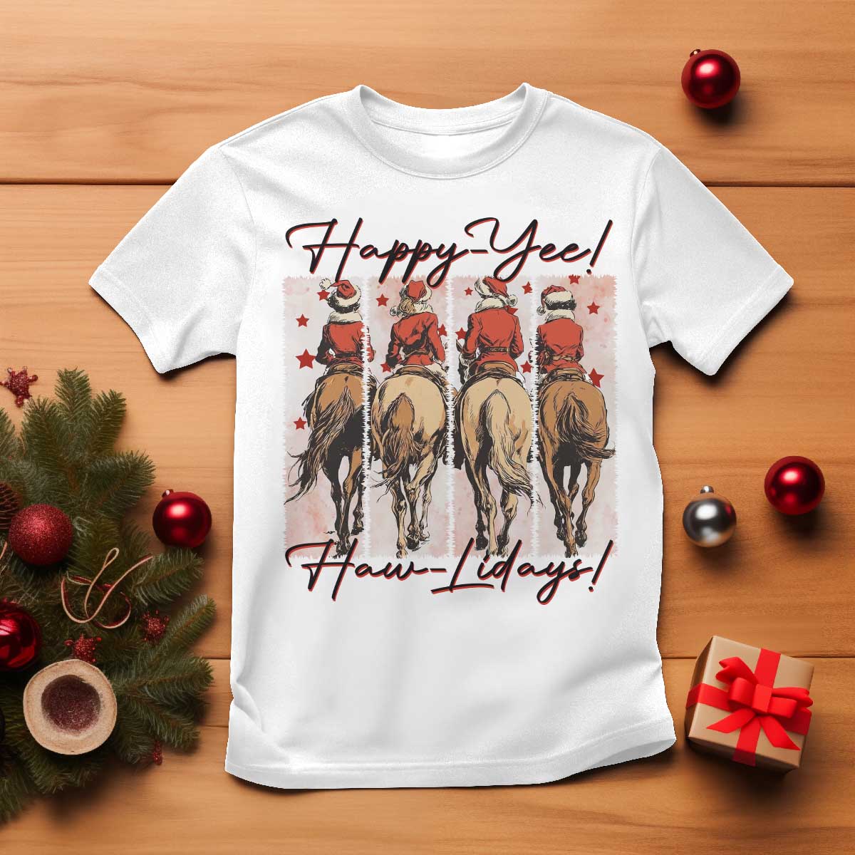 Happy Yee Haw Lidays T Shirt Western Christmas Horse Rider Cowgirl Gift - Wonder Print Shop