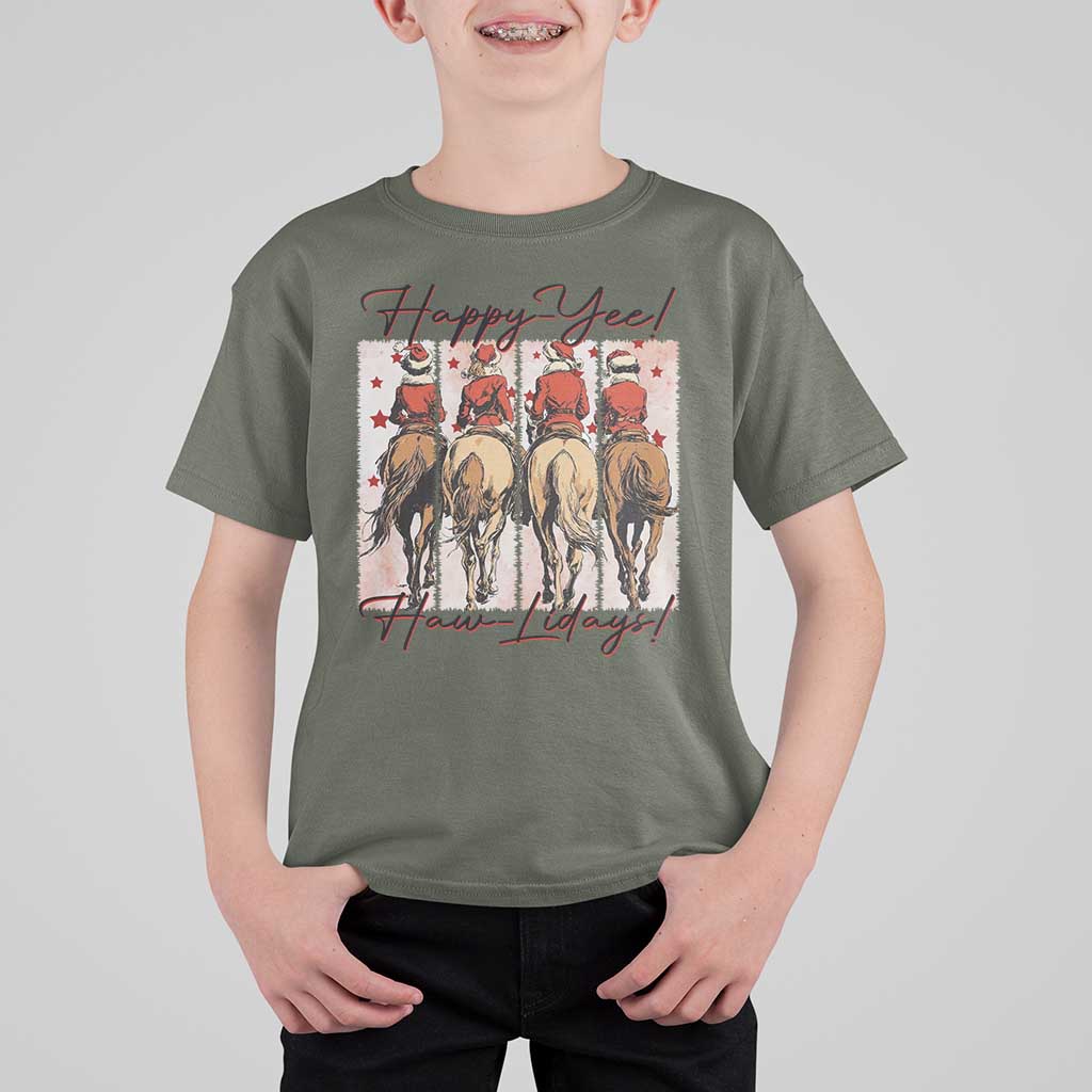 Happy Yee Haw Lidays T Shirt For Kid Western Christmas Horse Rider Cowgirl Gift - Wonder Print Shop