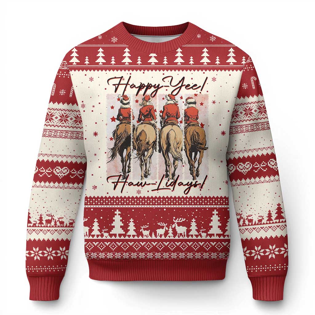 Happy Yee Haw Lidays Ugly Christmas Sweater Western Xmas Horse Rider Cowgirl Gift - Wonder Print Shop
