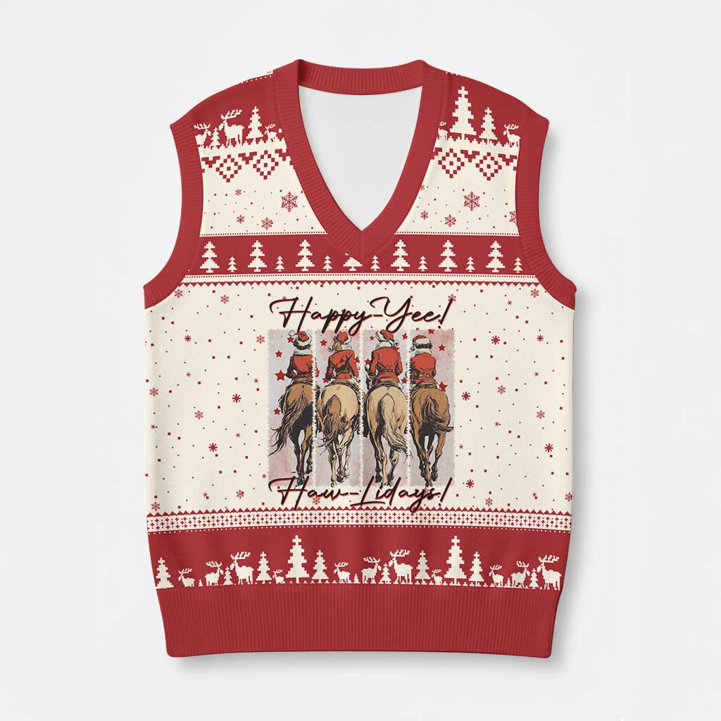 Happy Yee Haw Lidays V-Neck Knit Sweater Vest Western Xmas Horse Rider Cowgirl Gift - Wonder Print Shop
