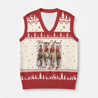 Happy Yee Haw Lidays V-Neck Knit Sweater Vest Western Xmas Horse Rider Cowgirl Gift - Wonder Print Shop