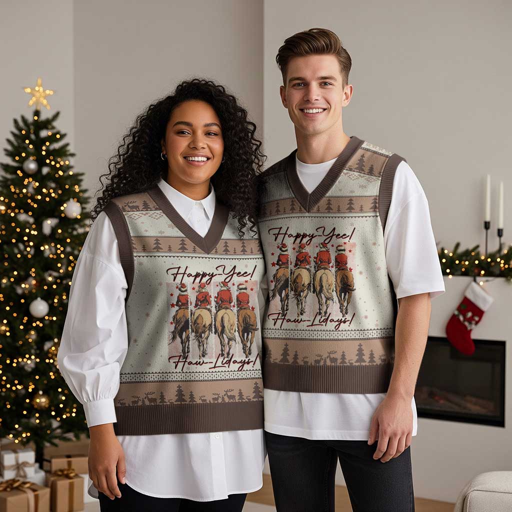 Happy Yee Haw Lidays V-Neck Knit Sweater Vest Western Xmas Horse Rider Cowgirl Gift - Wonder Print Shop