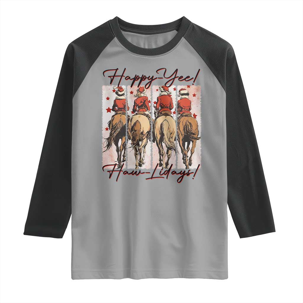 Happy Yee Haw Lidays Raglan Shirt Western Christmas Horse Rider Cowgirl Gift - Wonder Print Shop