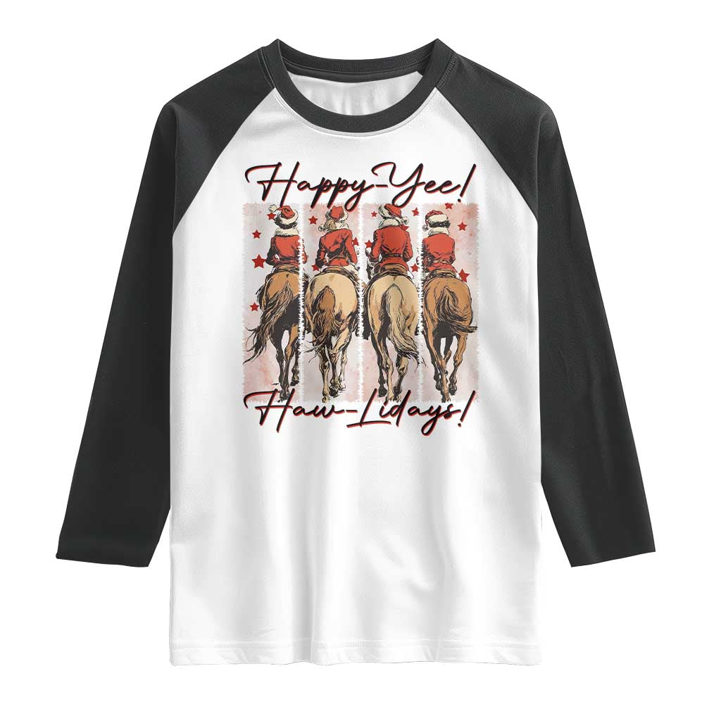 Happy Yee Haw Lidays Raglan Shirt Western Christmas Horse Rider Cowgirl Gift - Wonder Print Shop