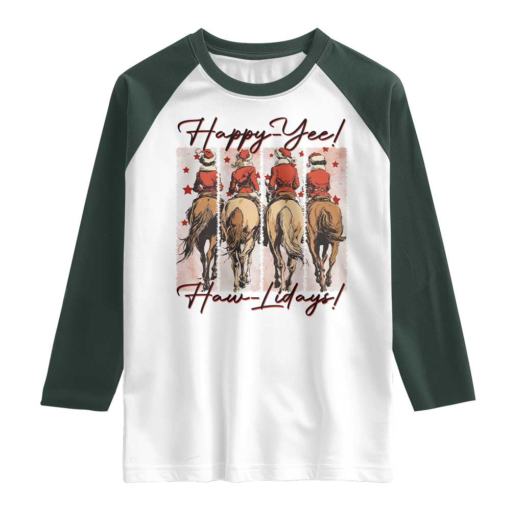 Happy Yee Haw Lidays Raglan Shirt Western Christmas Horse Rider Cowgirl Gift - Wonder Print Shop