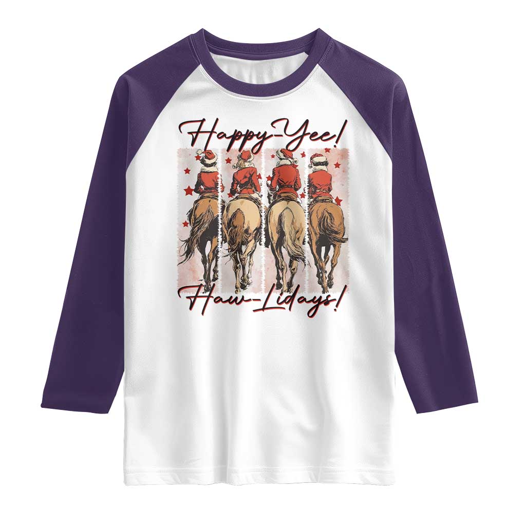 Happy Yee Haw Lidays Raglan Shirt Western Christmas Horse Rider Cowgirl Gift - Wonder Print Shop