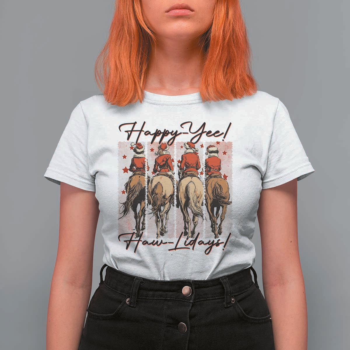 Happy Yee Haw Lidays T Shirt For Women Western Christmas Horse Rider Cowgirl Gift - Wonder Print Shop